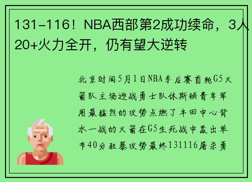 131-116！NBA西部第2成功续命，3人20+火力全开，仍有望大逆转