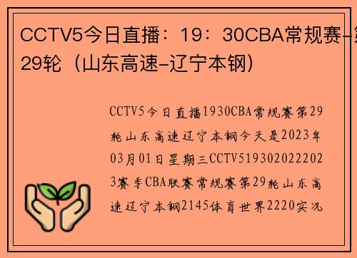 CCTV5今日直播：19：30CBA常规赛-第29轮（山东高速-辽宁本钢）