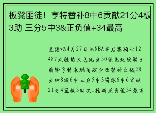 板凳匪徒！亨特替补8中6贡献21分4板3助 三分5中3&正负值+34最高