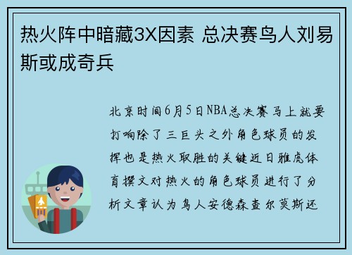 热火阵中暗藏3X因素 总决赛鸟人刘易斯或成奇兵